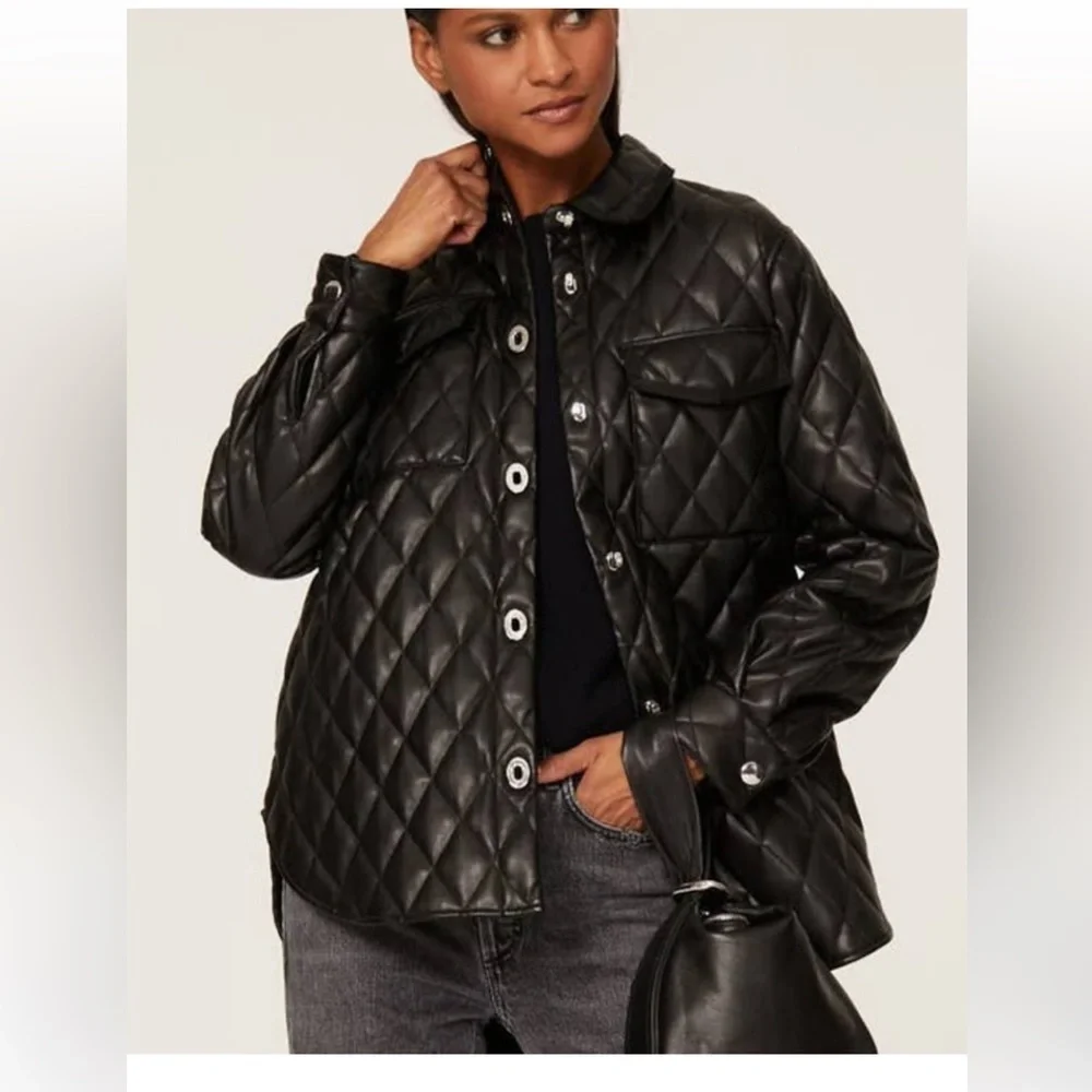 Maje Baneta Quilted Faux Leather Jacket Glossy Solid Black 38 MED/LARGE as is